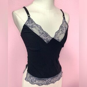 VTG 90s/Y2K Black Bustier Tank Top w/ Grey Lace Trim - Size 3